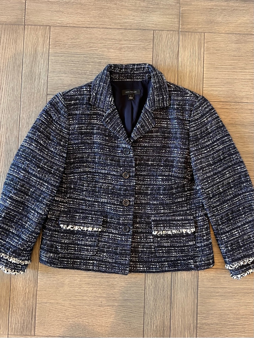 Ann Taylor Navy, Black, and Ivory Tweed Cropped Blazer - Picture 8 of 14